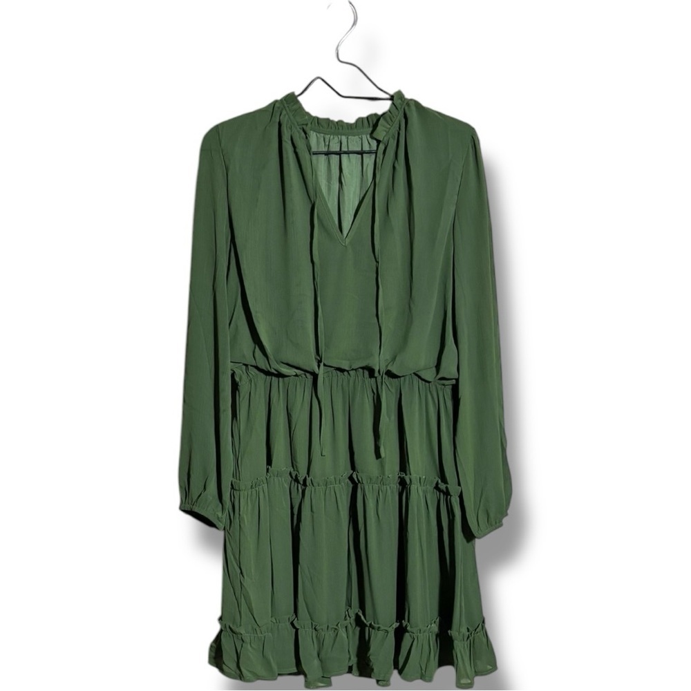 Amazon Army Green Ruffled Tiered V Neck Tie Loose Fit Long Sleeve Mini Sundress - Picture 15 of 16